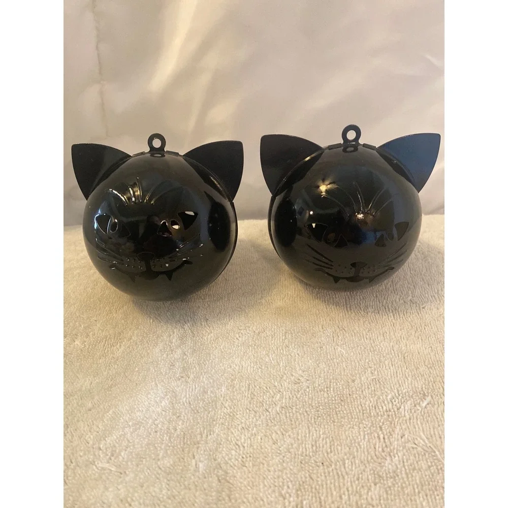 Set of 2 Black Metal Cat Head Jingle Bells Halloween Hanging Decor Glossy Finish